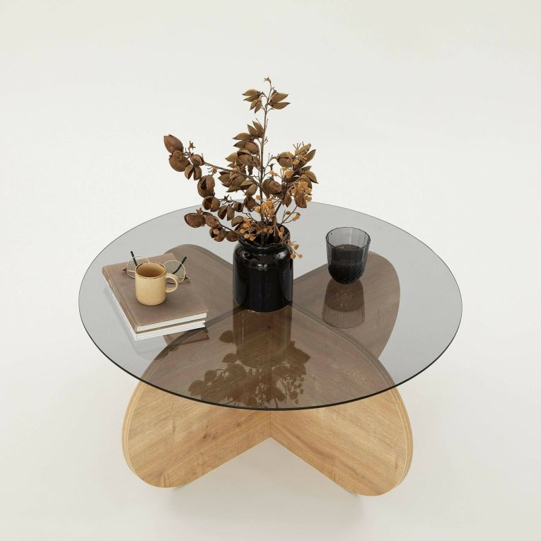 Tavolino da Salotto Marrone Rovere Effetto Fume Forma Rotonda 75x75x35h cm, Materiale Struttura in Vetro - Nila