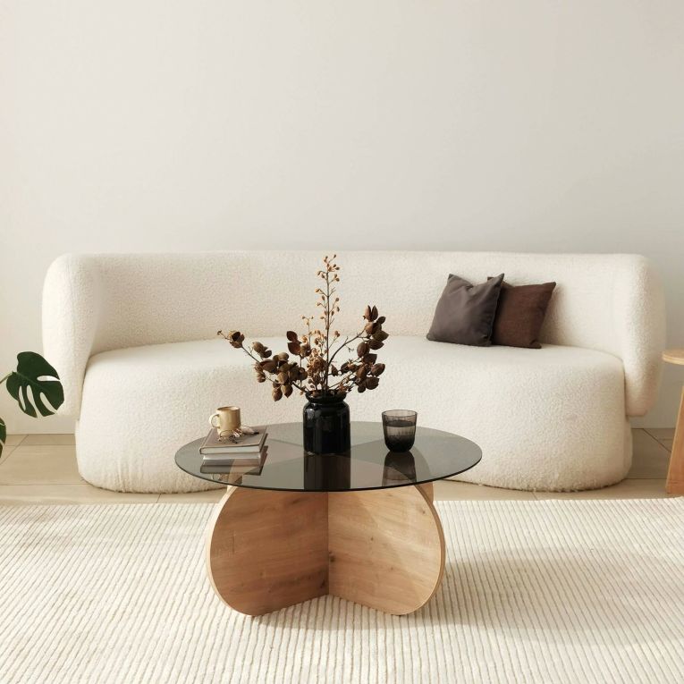 Tavolino da Salotto Marrone Rovere Effetto Fume Forma Rotonda 75x75x35h cm, Materiale Struttura in Vetro - Nila