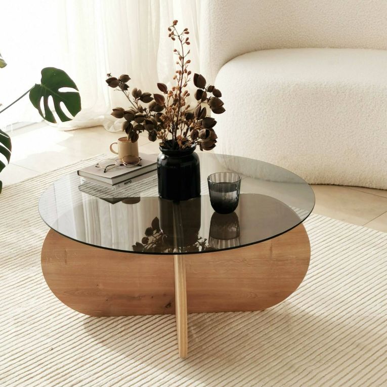 Tavolino da Salotto Marrone Rovere Effetto Fume Forma Rotonda 75x75x35h cm, Materiale Struttura in Vetro - Nila