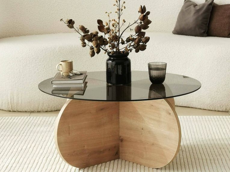 Tavolino da Salotto Marrone Rovere Effetto Fume Forma Rotonda 75x75x35h cm, Materiale Struttura in Vetro - Nila