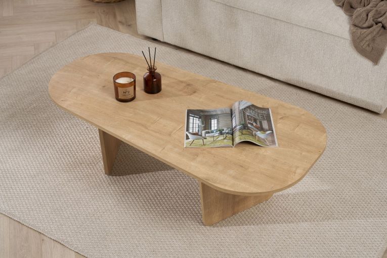 Tavolino da Salotto Marrone Rovere Forma Ovale Materiale Piano in Legno Nobilitato 130x65x40h cm, Colore Ripiano Marrone - Dozza