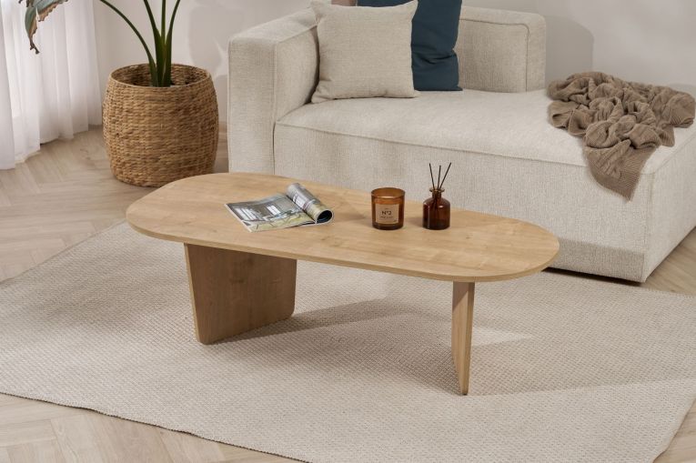 Tavolino da Salotto Marrone Rovere Forma Ovale Materiale Piano in Legno Nobilitato 130x65x40h cm, Colore Ripiano Marrone - Dozza