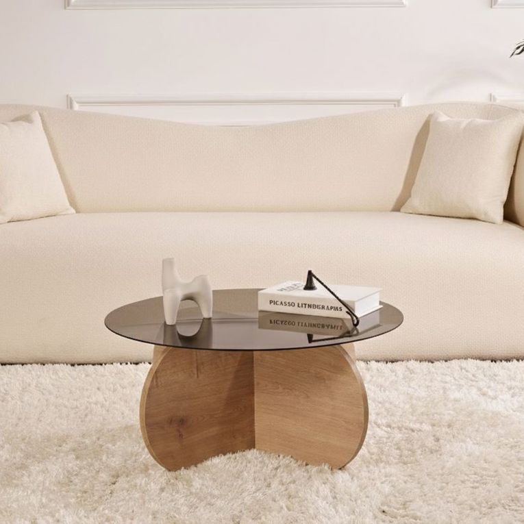 Tavolino da Salotto Marrone Rovere Forma Rotondo Colore Ripiano Trasparente 75x75x35h cm, Sfumatura Colore Struttura Rovere - Cugnoli