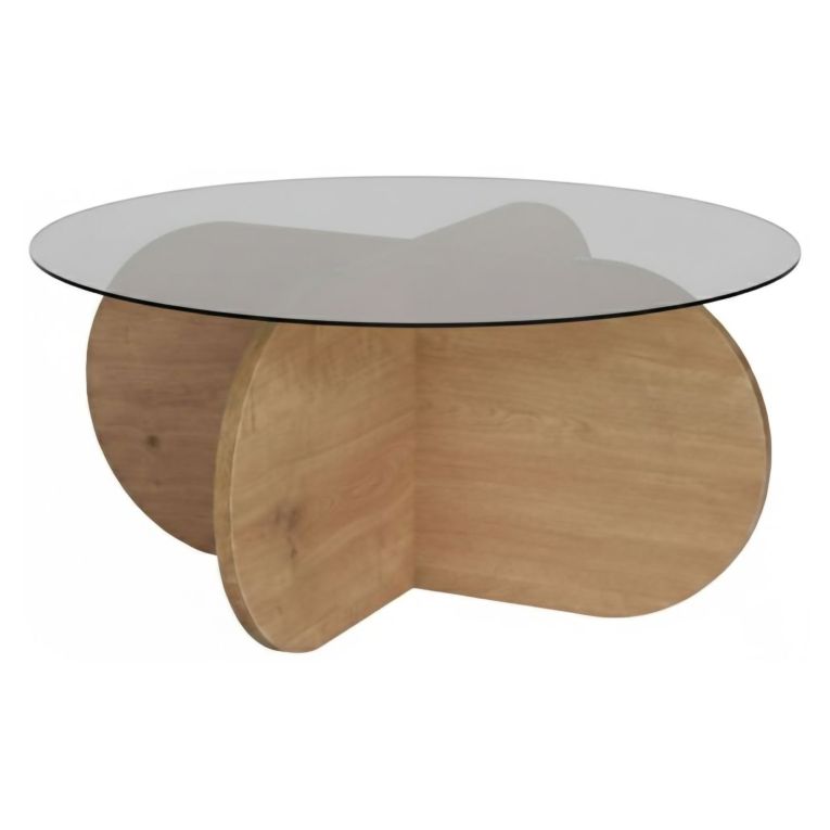 Tavolino da Salotto Marrone Rovere Forma Rotondo Colore Ripiano Trasparente 75x75x35h cm, Sfumatura Colore Struttura Rovere - Cugnoli