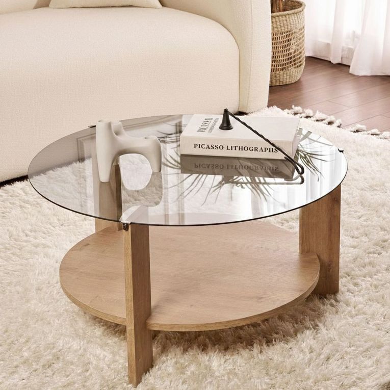 Tavolino da Salotto Marrone Rovere Forma Rotondo Colore Ripiano Trasparente 75x75x40h cm, Sfumatura Colore Struttura Rovere - Canevino