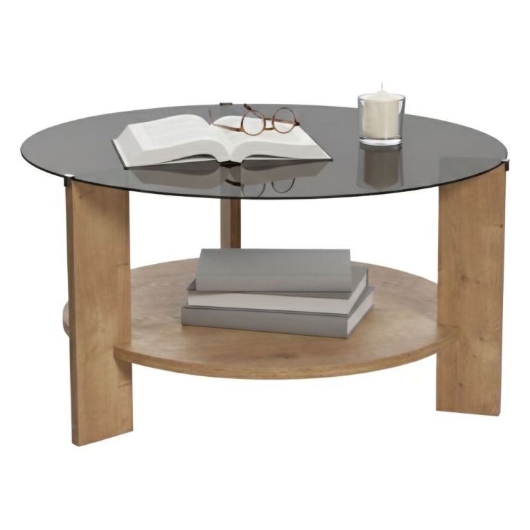Tavolino da Salotto Marrone Rovere Forma Rotondo Colore Ripiano Trasparente 75x75x40h cm, Sfumatura Colore Struttura Rovere - Canevino