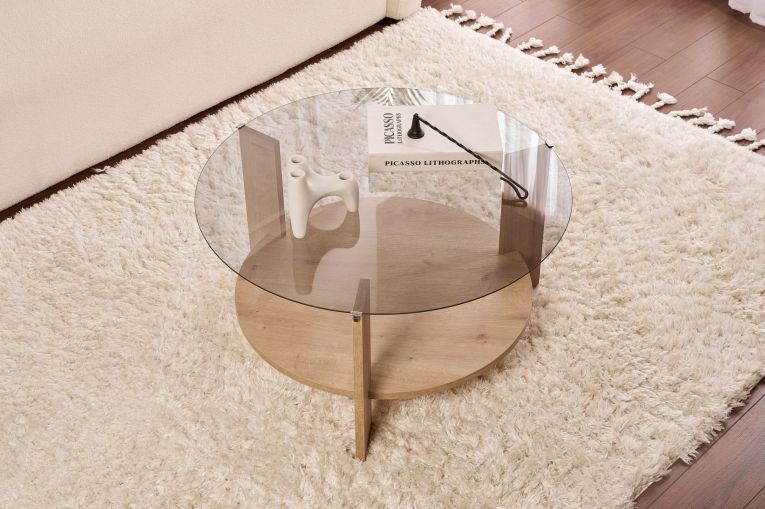 Tavolino da Salotto Marrone Rovere Forma Rotondo Colore Ripiano Trasparente 75x75x40h cm, Sfumatura Colore Struttura Rovere - Canevino