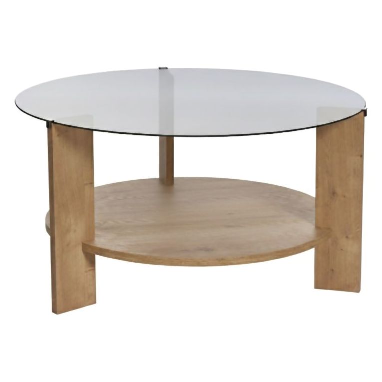 Tavolino da Salotto Marrone Rovere Forma Rotondo Colore Ripiano Trasparente 75x75x40h cm, Sfumatura Colore Struttura Rovere - Canevino
