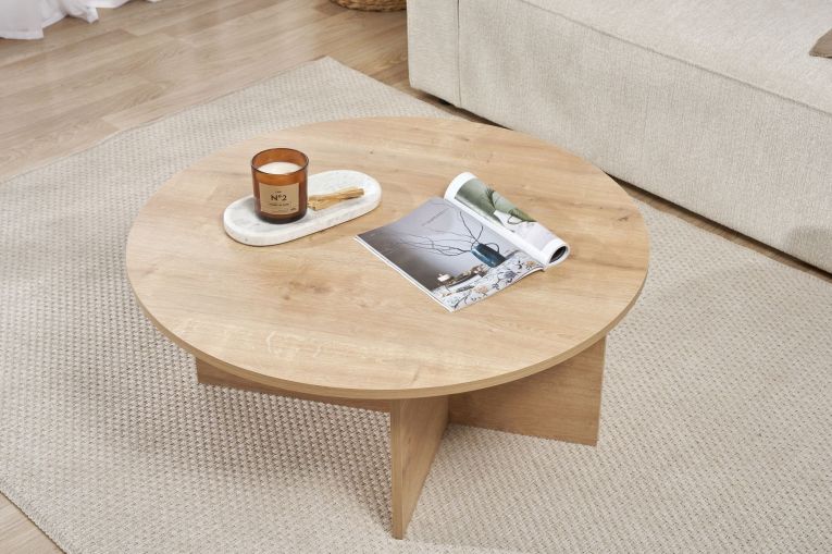 Tavolino da Salotto Marrone Rovere Forma Rotondo Materiale Piano in Legno Nobilitato 90x90x40h cm, Colore Ripiano Marrone - Simbario