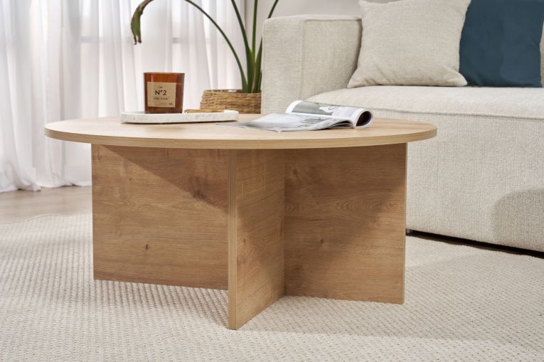 Tavolino da Salotto Marrone Rovere Forma Rotondo Materiale Piano in Legno Nobilitato 90x90x40h cm, Colore Ripiano Marrone - Simbario