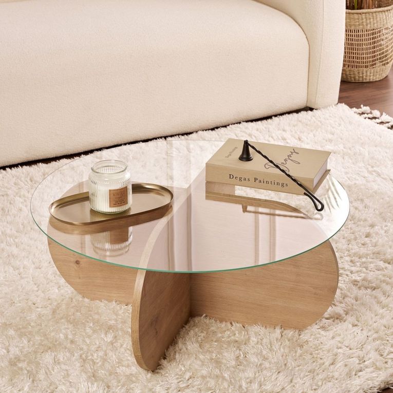Tavolino da Salotto Marrone Rovere Forma Rotondo Materiale Piano in Vetro 75x75x35h cm, Colore Ripiano Trasparente - Cugnoli