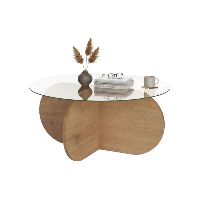 Tavolino da Salotto Marrone Rovere Forma Rotondo Materiale Piano in Vetro 75x75x35h cm, Colore Ripiano Trasparente - Cugnoli