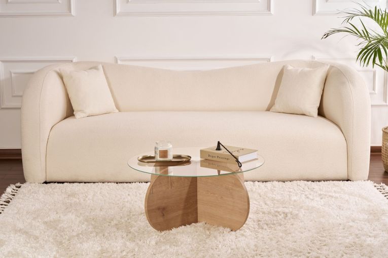 Tavolino da Salotto Marrone Rovere Forma Rotondo Materiale Piano in Vetro 75x75x35h cm, Colore Ripiano Trasparente - Cugnoli