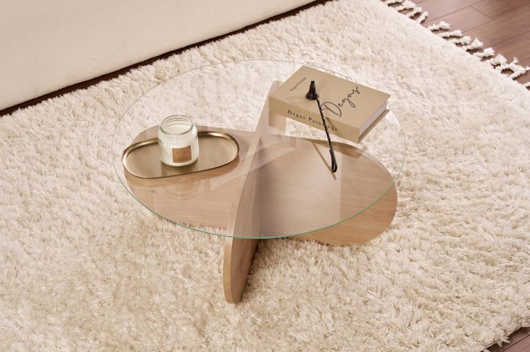 Tavolino da Salotto Marrone Rovere Forma Rotondo Materiale Piano in Vetro 75x75x35h cm, Colore Ripiano Trasparente - Cugnoli