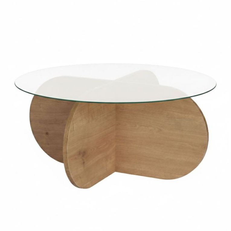 Tavolino da Salotto Marrone Rovere Forma Rotondo Materiale Piano in Vetro 75x75x35h cm, Colore Ripiano Trasparente - Cugnoli