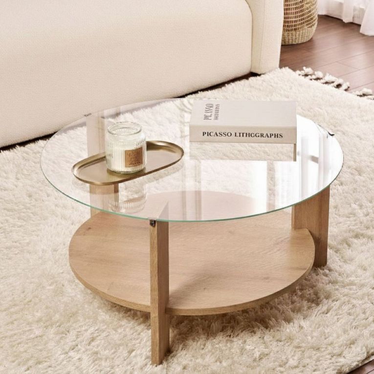 Tavolino da Salotto Marrone Rovere Forma Rotondo Materiale Piano in Vetro 75x75x40h cm, Colore Ripiano Trasparente - Canevino
