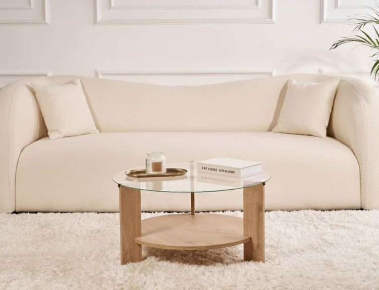 Tavolino da Salotto Marrone Rovere Forma Rotondo Materiale Piano in Vetro 75x75x40h cm, Colore Ripiano Trasparente - Canevino