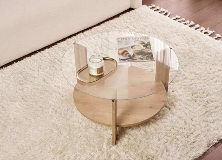 Tavolino da Salotto Marrone Rovere Forma Rotondo Materiale Piano in Vetro 75x75x40h cm, Colore Ripiano Trasparente - Canevino
