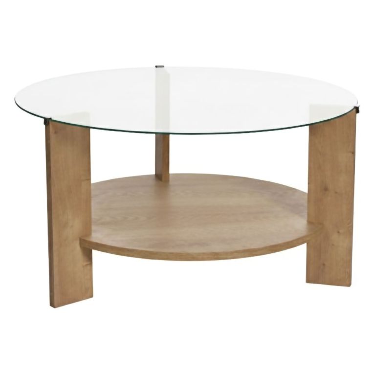 Tavolino da Salotto Marrone Rovere Forma Rotondo Materiale Piano in Vetro 75x75x40h cm, Colore Ripiano Trasparente - Canevino