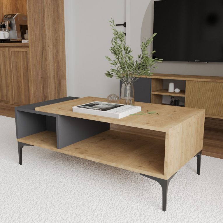 Tavolino da Salotto Marrone Rovere Nero Antracite 2 Vani con Piedini 90x50x39h cm, Forma Rettangolare - Parcines