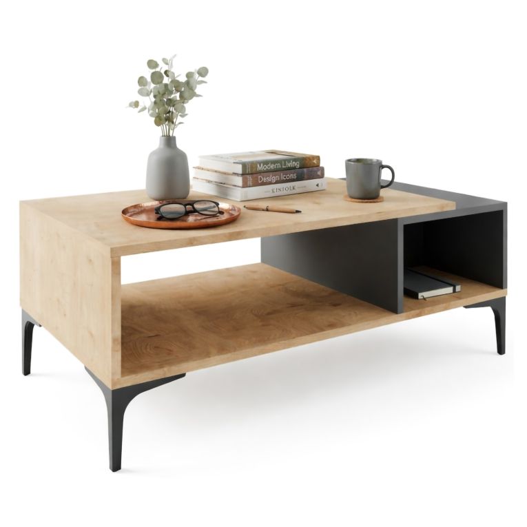 Tavolino da Salotto Marrone Rovere Nero Antracite 2 Vani con Piedini 90x50x39h cm, Forma Rettangolare - Parcines