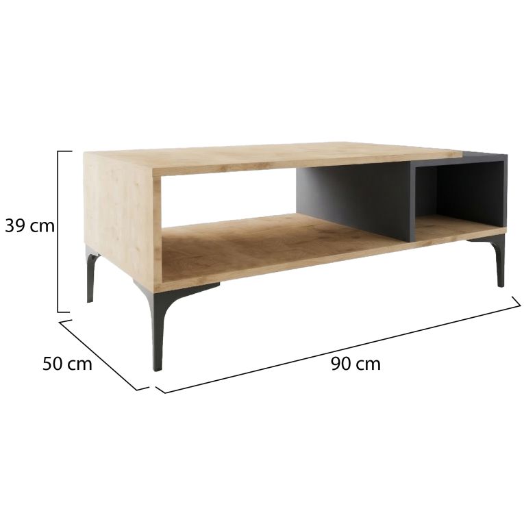 Tavolino da Salotto Marrone Rovere Nero Antracite 2 Vani con Piedini 90x50x39h cm, Forma Rettangolare - Parcines
