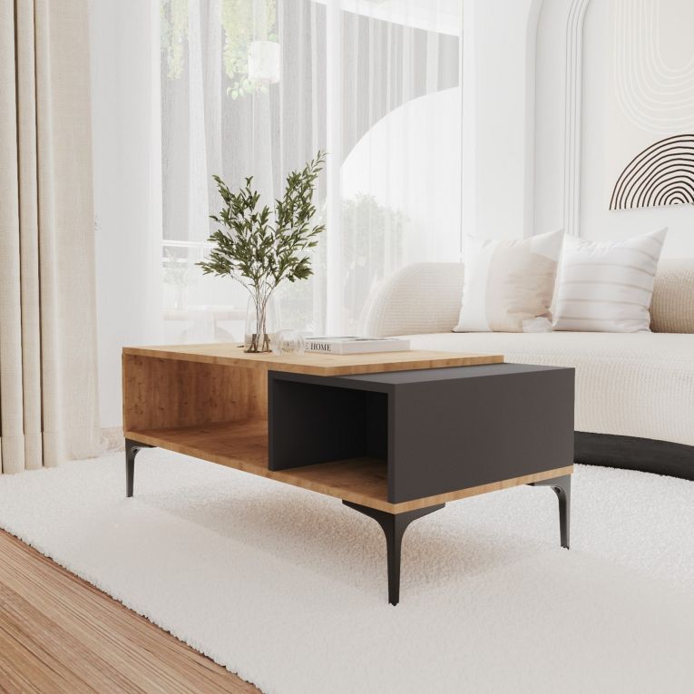 Tavolino da Salotto Marrone Rovere Nero Antracite 2 Vani con Piedini 90x50x39h cm, Forma Rettangolare - Parcines