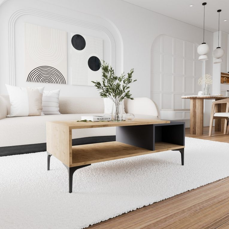 Tavolino da Salotto Marrone Rovere Nero Antracite 2 Vani con Piedini 90x50x39h cm, Forma Rettangolare - Parcines