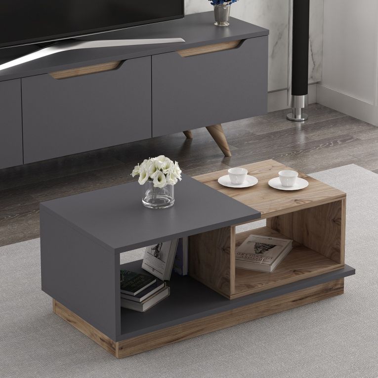 Tavolino da Salotto Marrone Rovere Nero Antracite 2 Vani Modulabile 90x45x36h cm, Forma Rettangolare - Chiavari
