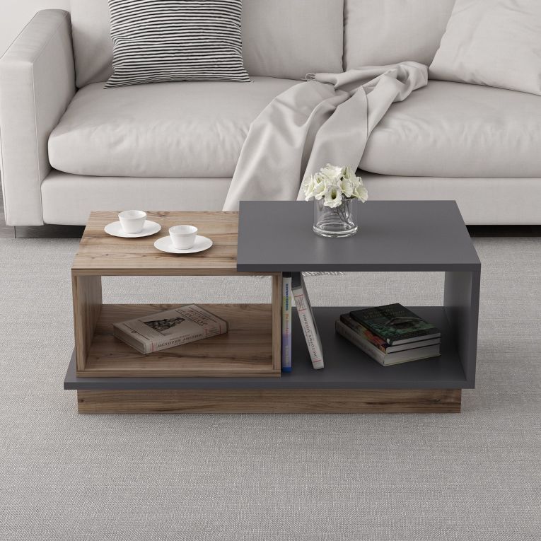 Tavolino da Salotto Marrone Rovere Nero Antracite 2 Vani Modulabile 90x45x36h cm, Forma Rettangolare - Chiavari