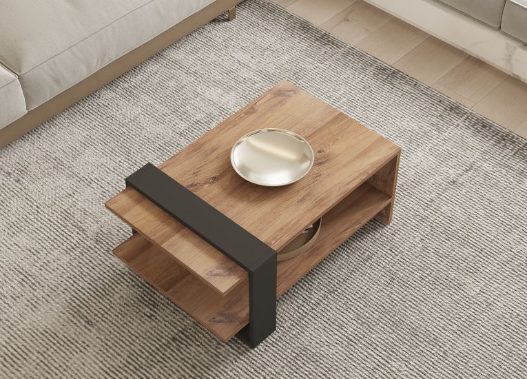 Tavolino da Salotto Marrone Rovere Nero Antracite un Vano Forma Rettangolare 80x55x35h cm, Colore Ripiano Marrone - Cigliano