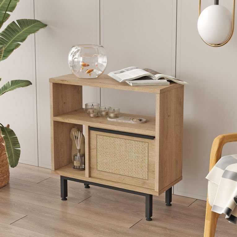 Tavolino da Salotto Marrone Rovere Nero Effetto Paglia di Vienna 3 Vani 60x26x60h cm, Forma Rettangolare - Calvi