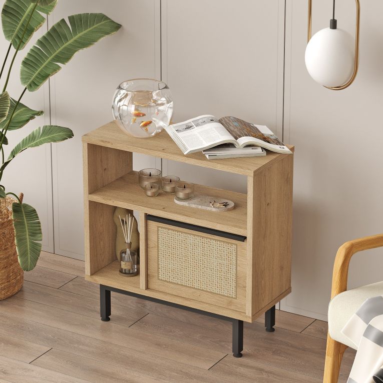 Tavolino da Salotto Marrone Rovere Nero Effetto Paglia di Vienna 3 Vani 60x26x60h cm, Forma Rettangolare - Calvi