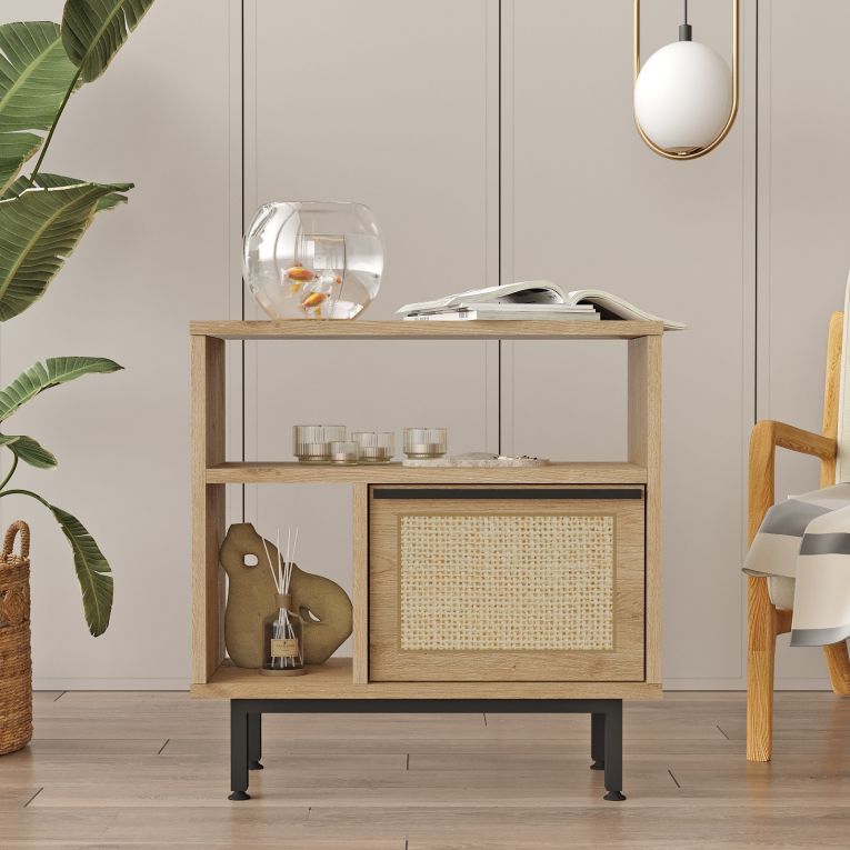 Tavolino da Salotto Marrone Rovere Nero Effetto Paglia di Vienna 3 Vani 60x26x60h cm, Forma Rettangolare - Calvi
