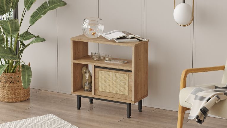 Tavolino da Salotto Marrone Rovere Nero Effetto Paglia di Vienna 3 Vani 60x26x60h cm, Forma Rettangolare - Calvi