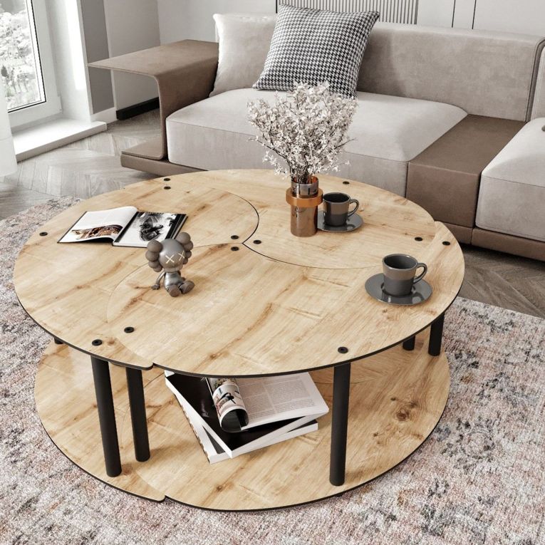 Tavolino da Salotto Marrone Rovere Nero Modulabile 3 Vani 70x70x38h cm, Forma Rotondo - Gignese