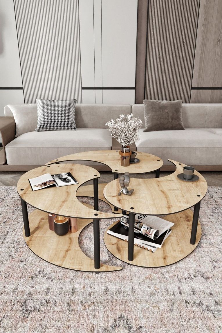 Tavolino da Salotto Marrone Rovere Nero Modulabile 3 Vani 70x70x38h cm, Forma Rotondo - Gignese