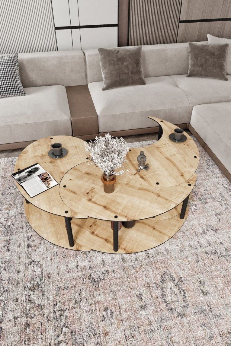 Tavolino da Salotto Marrone Rovere Nero Modulabile 3 Vani 70x70x38h cm, Forma Rotondo - Gignese