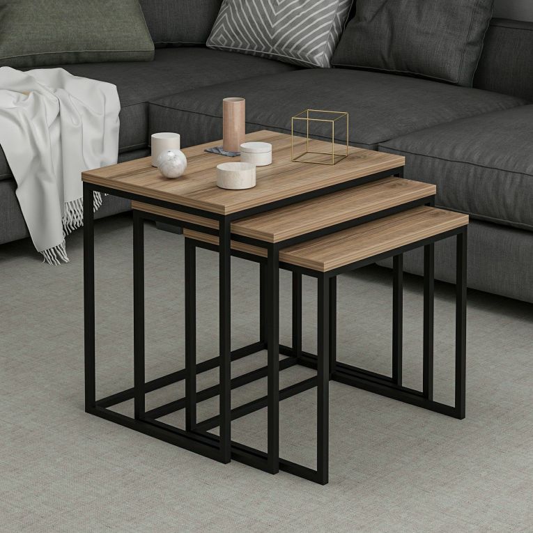 Tavolino da Salotto Marrone Rovere Nero set 3 Pezzi Forma Rettangolare 55x40x50h cm, Colore Ripiano Marrone - Crichi