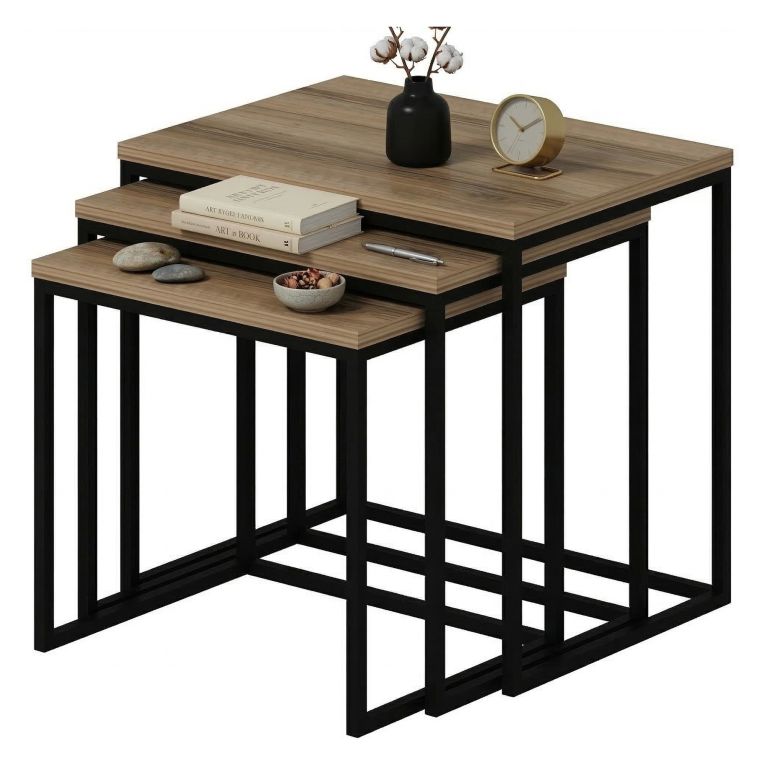 Tavolino da Salotto Marrone Rovere Nero set 3 Pezzi Forma Rettangolare 55x40x50h cm, Colore Ripiano Marrone - Crichi
