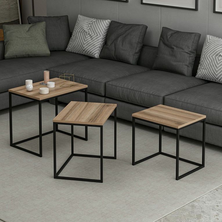 Tavolino da Salotto Marrone Rovere Nero set 3 Pezzi Forma Rettangolare 55x40x50h cm, Colore Ripiano Marrone - Crichi
