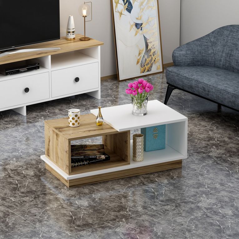 Tavolino da Salotto Marrone Rovere Nodi Bianco 2 Vani Forma Rettangolare 90x45x36h cm, Colore Ripiano Marrone - Ruino