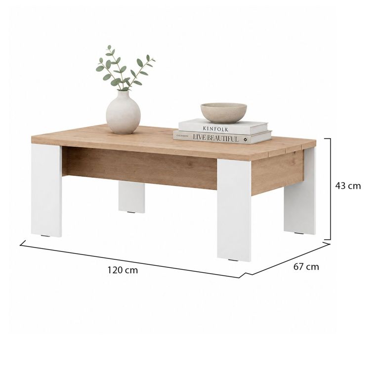 Tavolino da Salotto Marrone Rovere Nodi Bianco Opaco Forma Rettangolare Colore Ripiano Marrone 120x67x43h cm, Colore Struttura Bianco - Bertona
