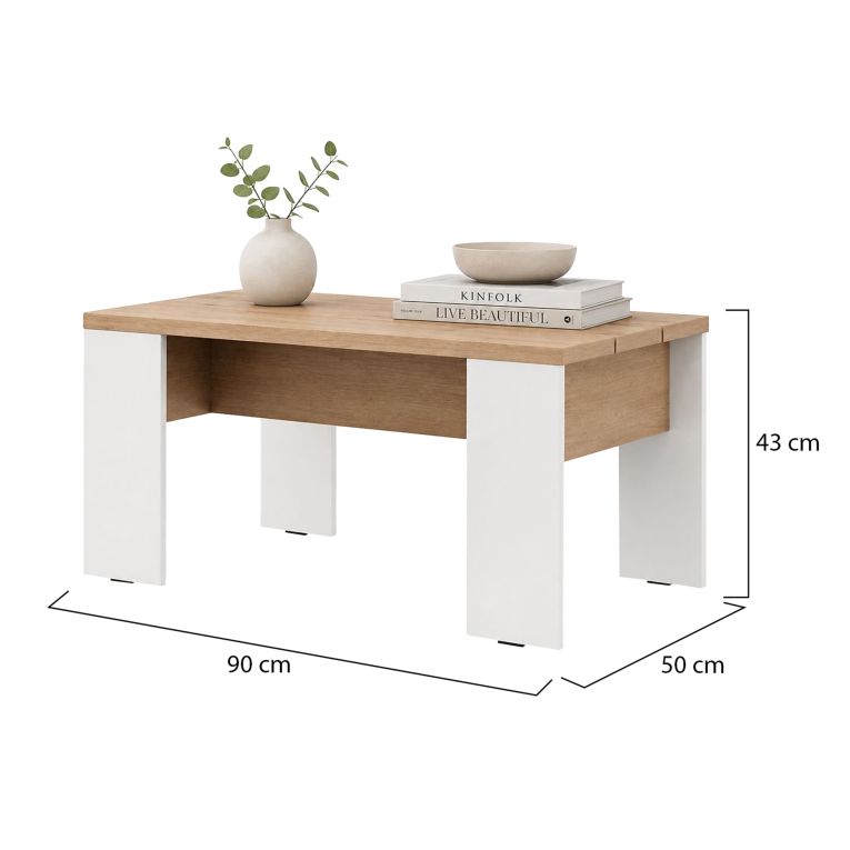 Tavolino da Salotto Marrone Rovere Nodi Bianco Opaco Forma Rettangolare Colore Ripiano Marrone 90x50x43h cm, Colore Struttura Bianco - Riposto