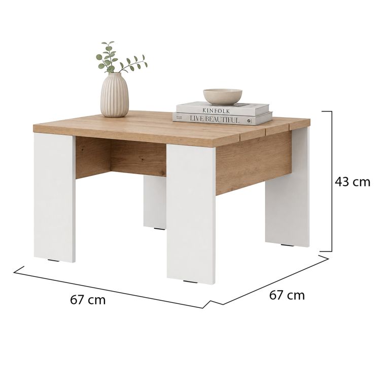 Tavolino da Salotto Marrone Rovere Nodi Bianco Piano Effetto Doghe Forma Quadrato 67x67x43h cm, Colore Ripiano Marrone - Magre