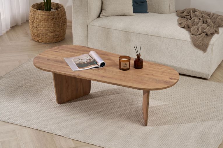 Tavolino da Salotto Marrone Rovere Nodi Forma Ovale Materiale Piano in Legno Nobilitato 130x65x40h cm, Colore Ripiano Marrone - Dozza