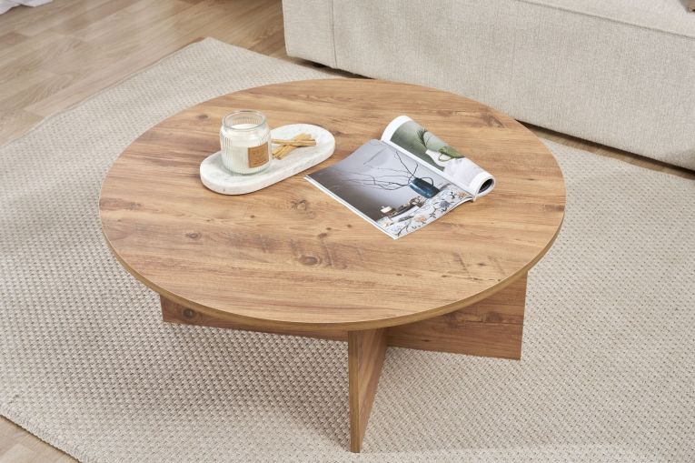 Tavolino da Salotto Marrone Rovere Nodi Forma Rotondo Materiale Piano in Legno Nobilitato 90x90x40h cm, Colore Ripiano Marrone - Simbario