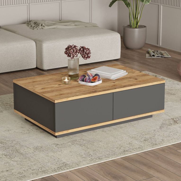 Tavolino da Salotto Marrone Rovere Nodi Nero Antracite 2 Vani Forma Rettangolare 90x60x29h cm, Colore Ripiano Marrone - Babila