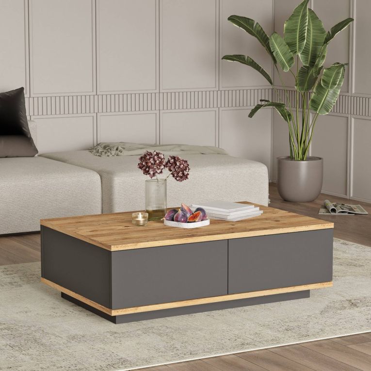 Tavolino da Salotto Marrone Rovere Nodi Nero Antracite 2 Vani Forma Rettangolare 90x60x29h cm, Colore Ripiano Marrone - Babila