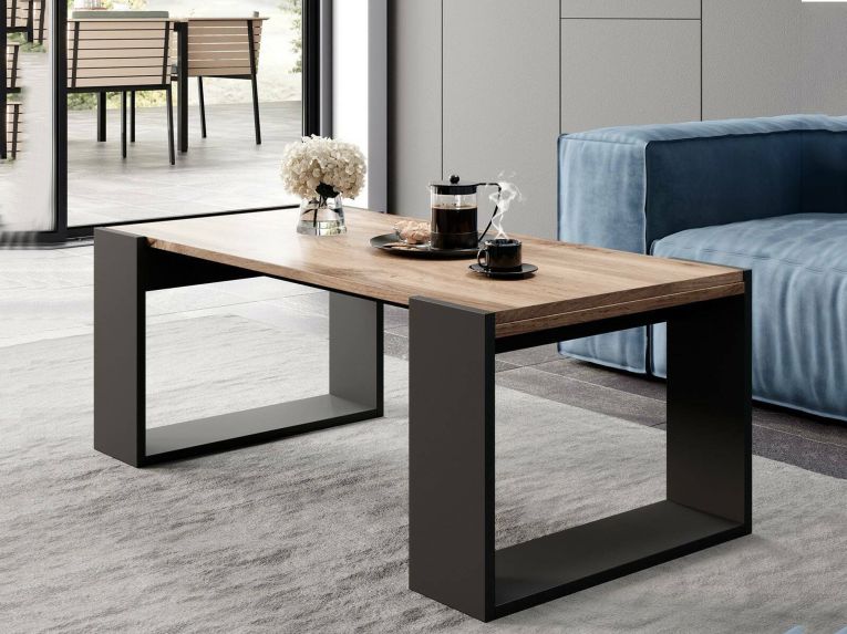 Tavolino da Salotto Marrone Rovere Nodi Nero Antracite Forma Rettangolare Materiale Piano in Legno Nobilitato 120x55x46h cm, Colore Ripiano Marrone